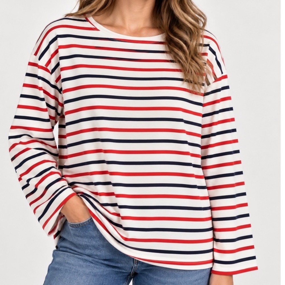 Old Navy Womens 3X Red Navy Blue Striped Long Sleeve Cotton T-Shirt NWT
